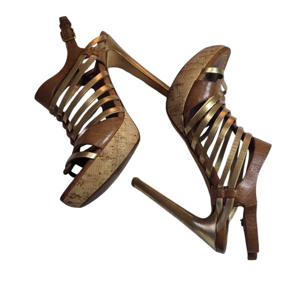 Miu Miu Platform Strappy Brown/ Gold Heels Sandals 39/8.5 Authentic leather - Picture 8 of 16